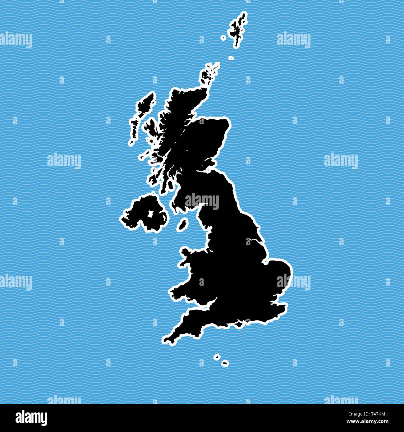 Großbritannien Karte als Insel. Karte auf Blue Wave Wasser Hintergrund getrennt. Stock Vektor
