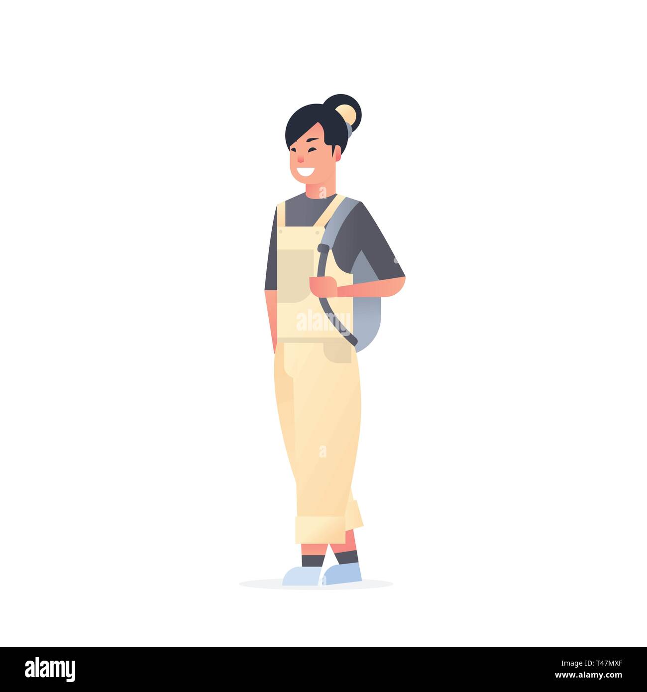 Junge Asiatin legere Kleidung gerne attraktive Frau mit Rucksack chinesischen oder japanischen weibliche Comicfigur in voller Länge flache weiße Stock Vektor