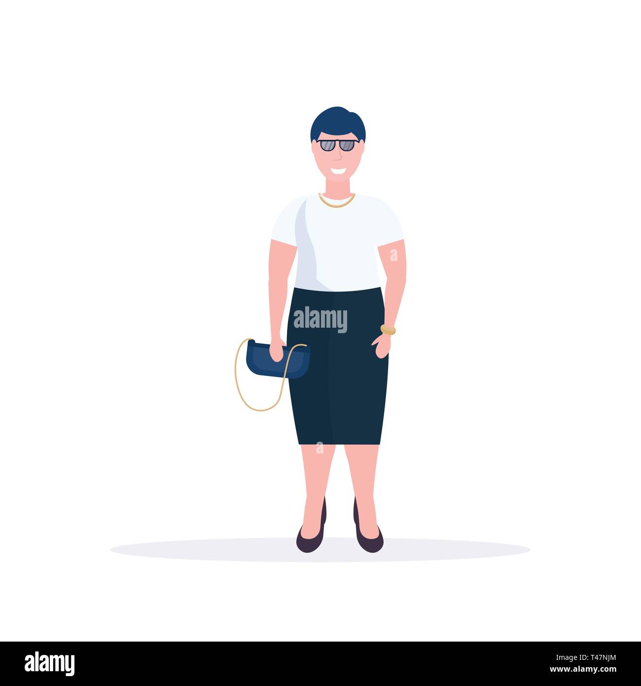 Fett fettleibig elegante Frau, die Pose lächelnd übergewichtiger Büroangestellter holding Handtasche weibliche Comicfigur in voller Länge flache weiße Hintergrund Stock Vektor