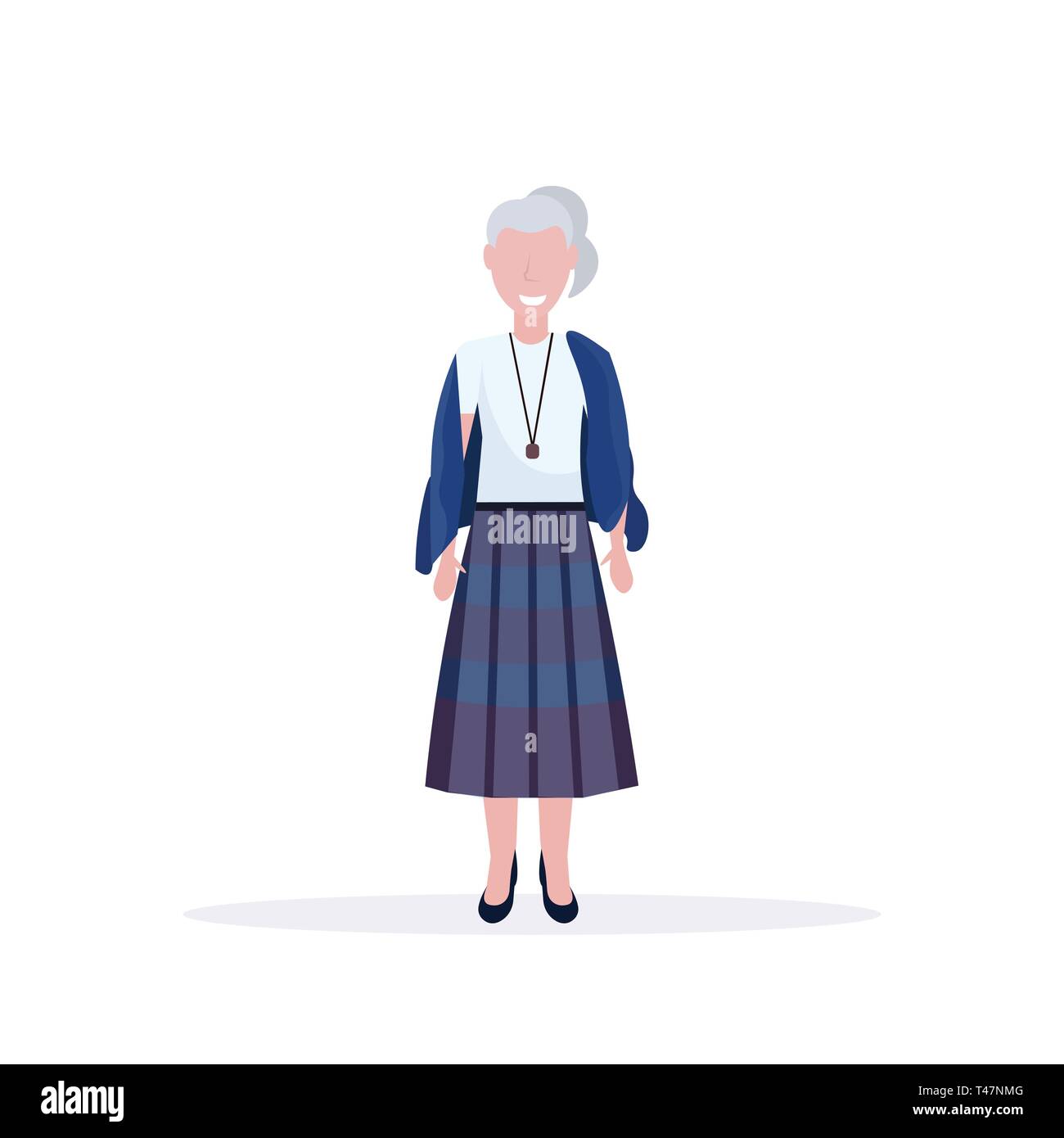 Casual reife Frau, die Pose Lächeln ältere Dame das Tragen modischer Kleidung weibliche Comicfigur in voller Länge flache weiße Hintergrund Stock Vektor