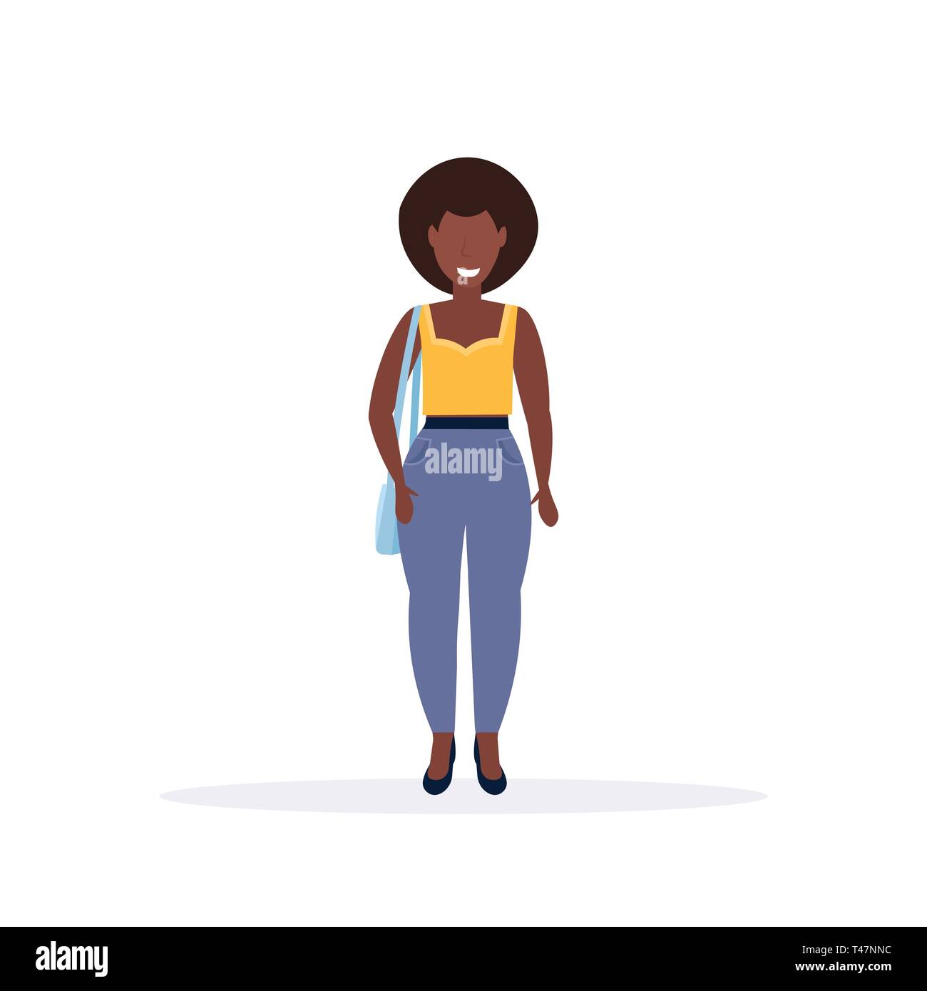 Happy and Frau pose lächelnd afrikanische amerikanische Frau Handtasche weibliche Comicfigur in voller Länge flache weiße Hintergrund Stock Vektor