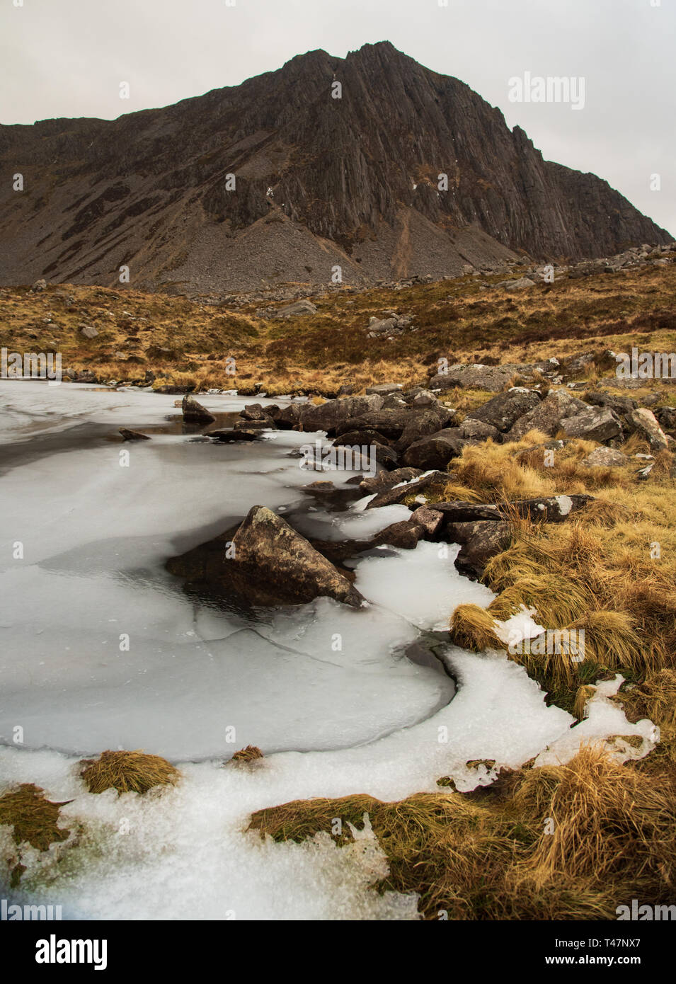 Gefrorenen See am Fuß der Berge Stockfoto