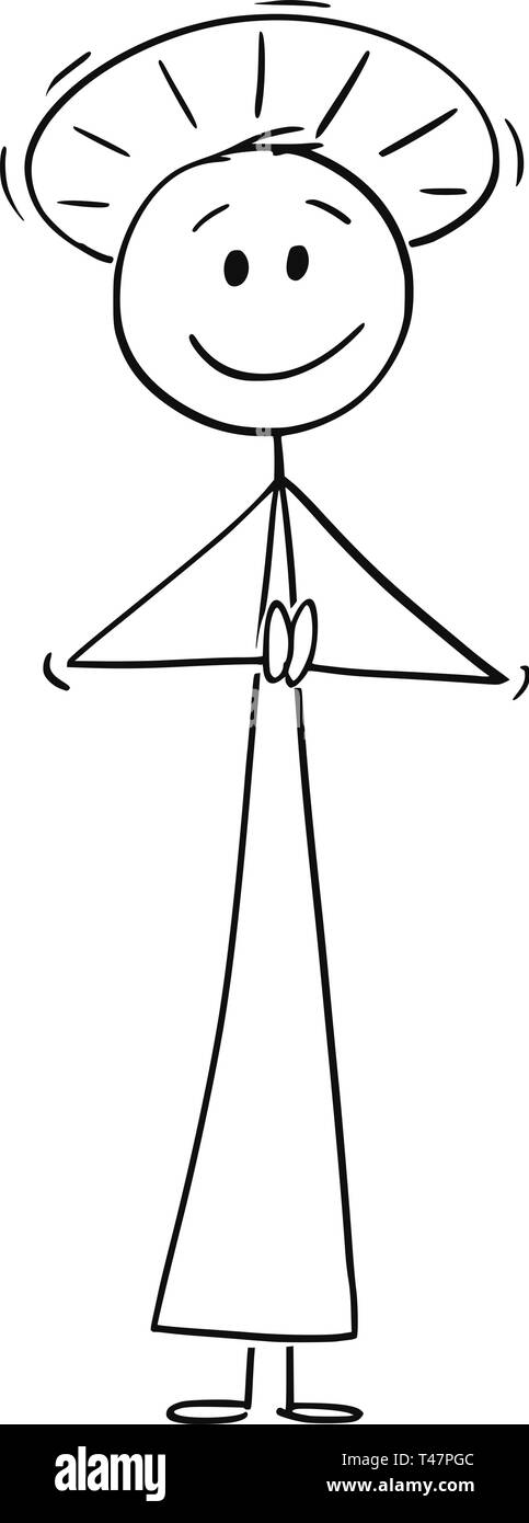 Cartoon Strichmännchen Zeichnen konzeptionelle Darstellung des heiligen Mannes oder Priester mit Halo um den Kopf beten mit ihren Händen. Stock Vektor