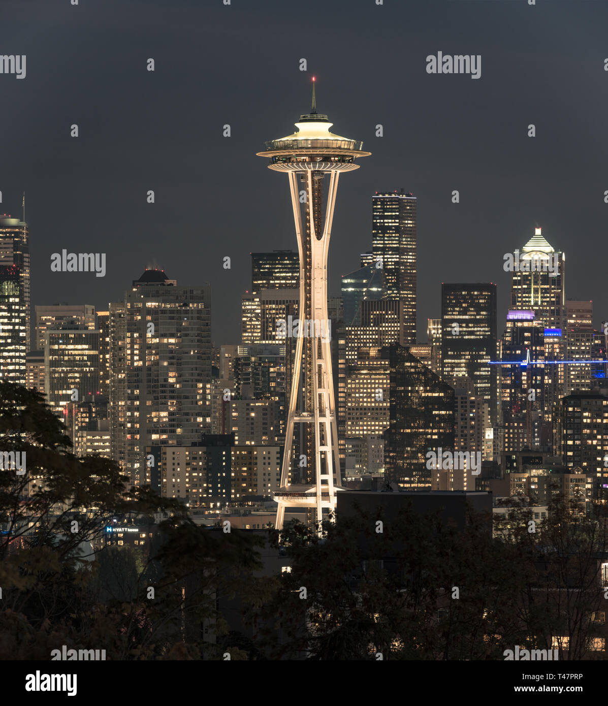 Nacht Blick auf die Skyline von Seattle Mit der Space Needle und anderen ikonischen Gebäude im Hintergrund. Stockfoto