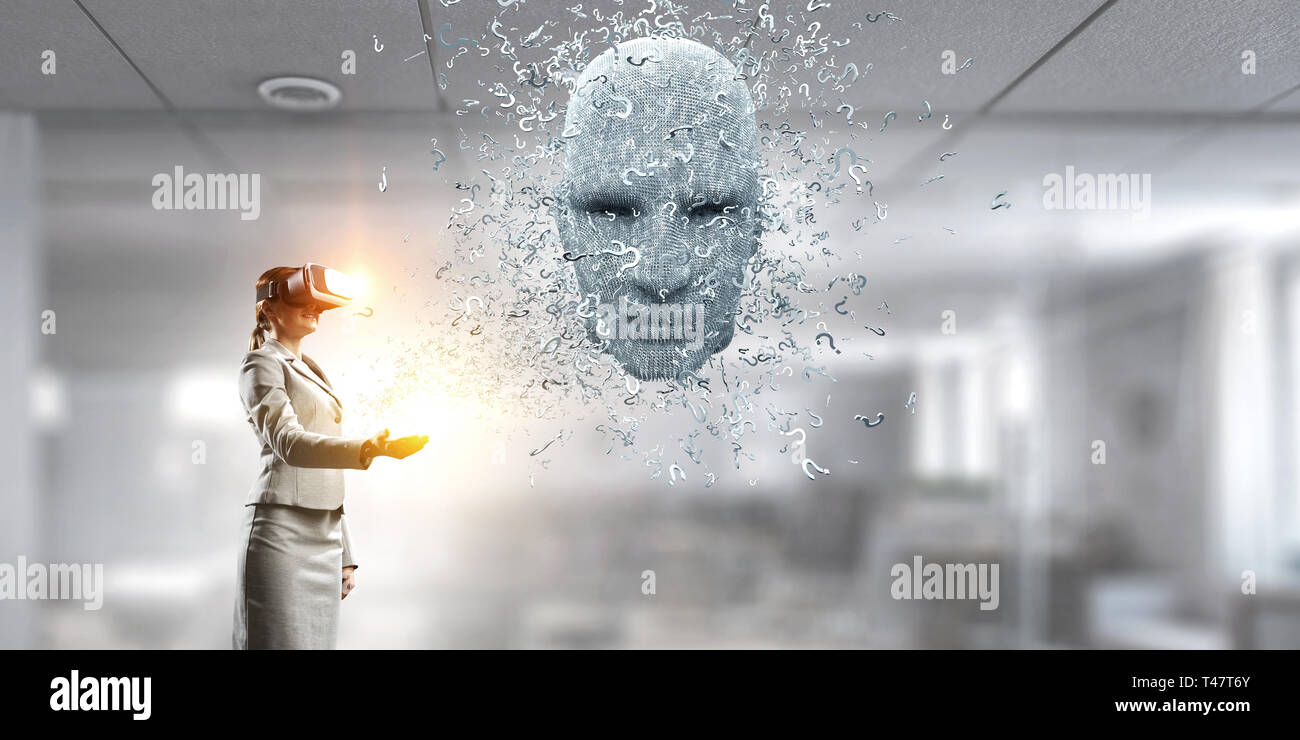 Digitale Kopf, künstliche Intelligenz und virtuelle Realität. Mixed Media Stockfoto