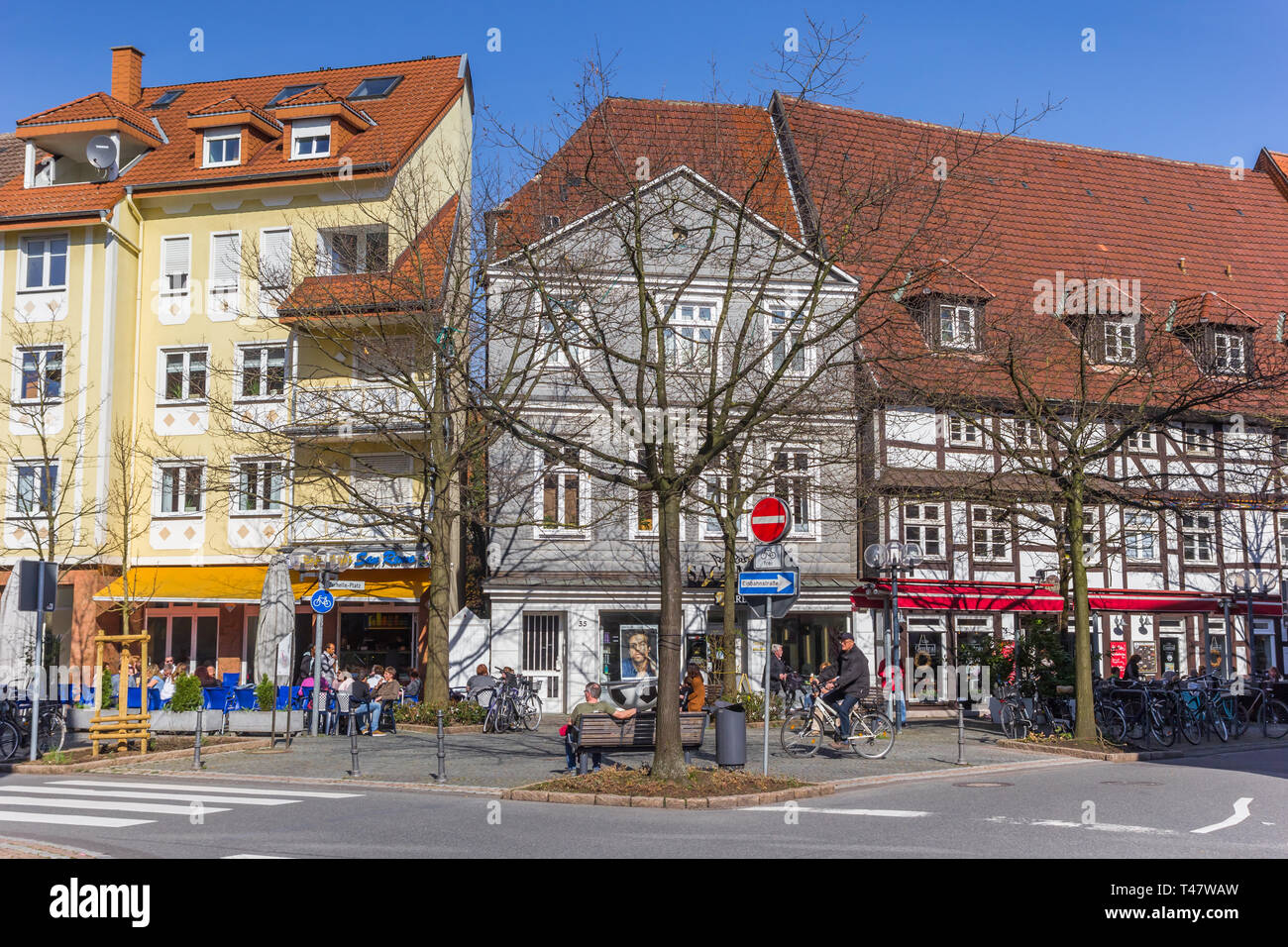 Geschäfte und Restaurant in der historischen Stadt Lippstadt, Deutschland Stockfoto