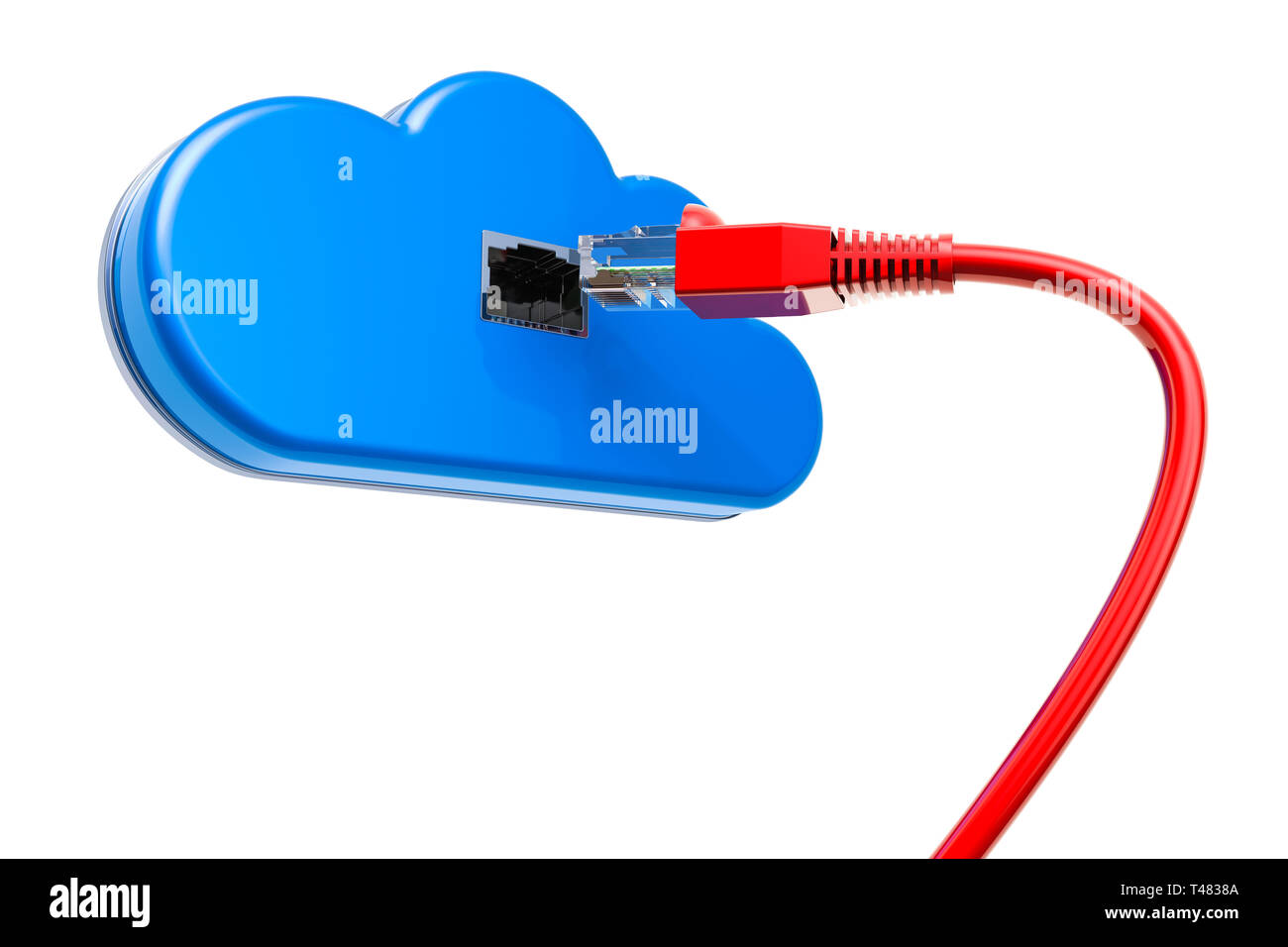 Computer Cloud mit LAN-Kabel, 3D-Rendering auf weißem Hintergrund Stockfoto