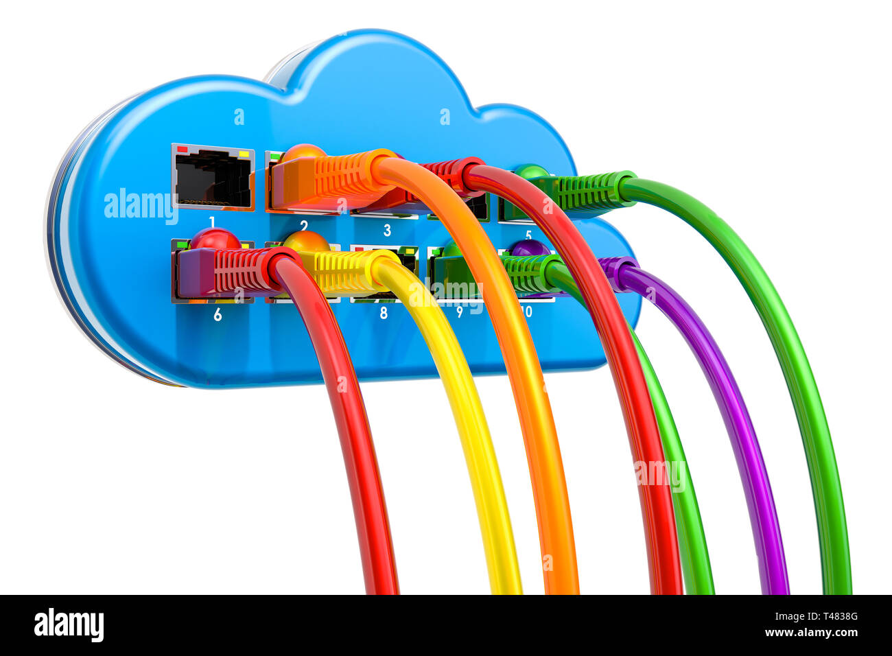 Computer Cloud mit lan Kabel, 3D-Rendering auf weißem Hintergrund Stockfoto