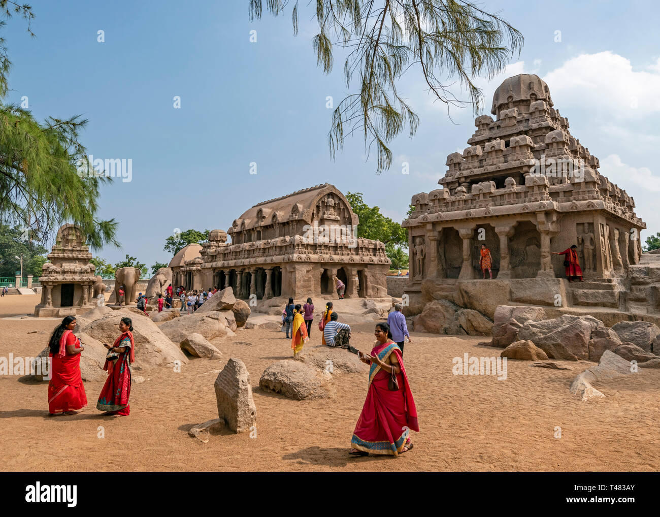 Horizontale Ansicht des Pancha Rathas in Mahabalipuram, Indien. Stockfoto