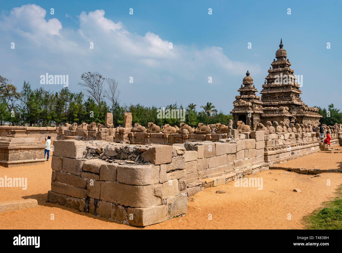 Horizontale Ansicht der Shore Tempel in Mahabalipuram, Indien. Stockfoto
