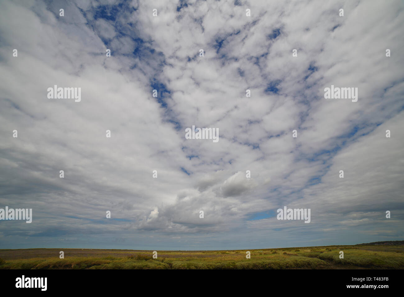 Große Menge Himmel mit gebrochen weiße Wolke mit einer kleinen Menge von Land an der Unterseite in die Norfolk Broads, Norfolk, England, Großbritannien Stockfoto