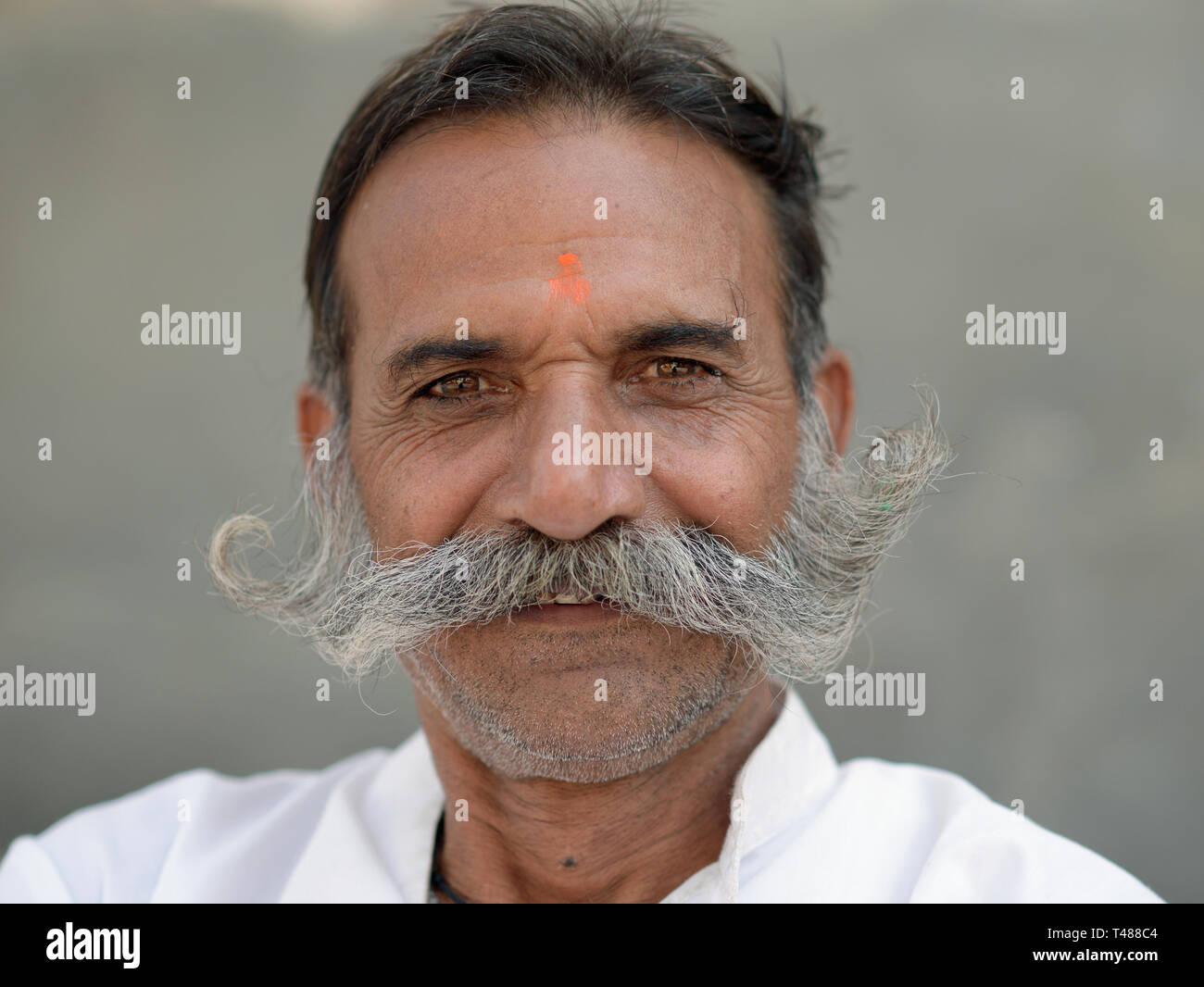 Im mittleren Alter indischer Rajasthani Mann mit einem orangefarbenen tilaka Mark und freundlich Mutton chops posiert für die Kamera. Stockfoto