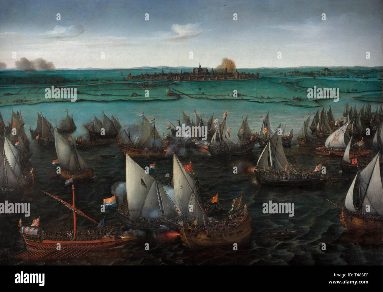 Kampf zwischen niederländischen und spanischen Schiffe auf der Haarlemmermeer, 26. Mai 1573 - Hendrick Cornelisz Vroom, ca. 1621 Stockfoto