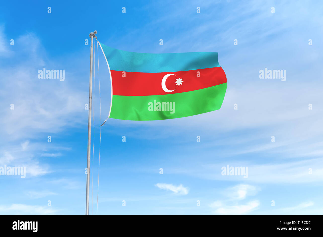 Aserbaidschan Fahne weht im Wind über blauen Himmel Hintergrund Stockfoto