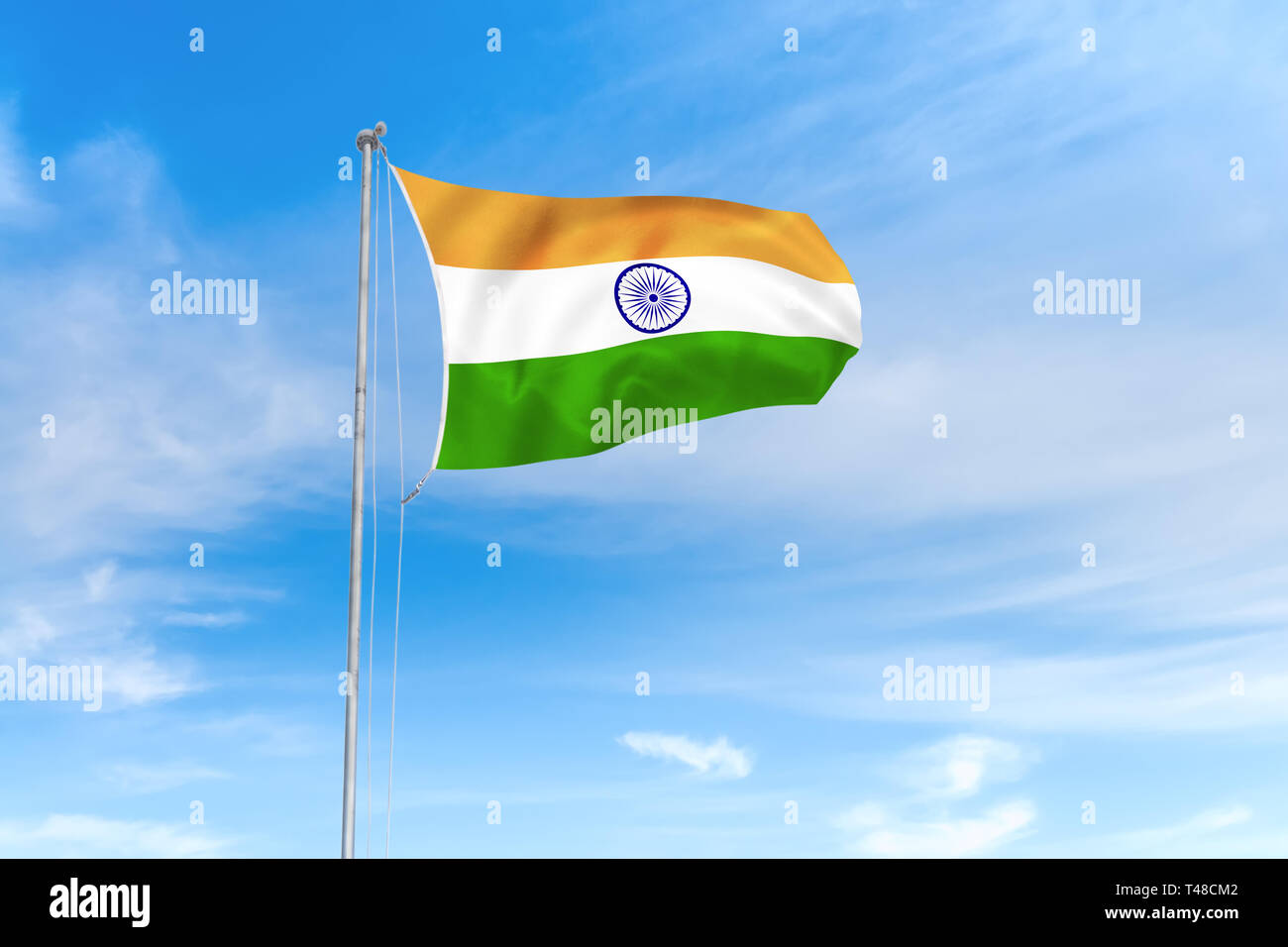 Indien Fahne weht im Wind über blauen Himmel Hintergrund Stockfoto