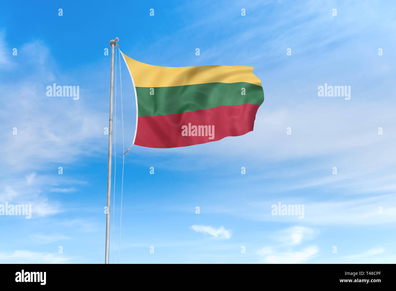 Litauen Flagge weht im Wind über blauen Himmel Hintergrund Stockfoto
