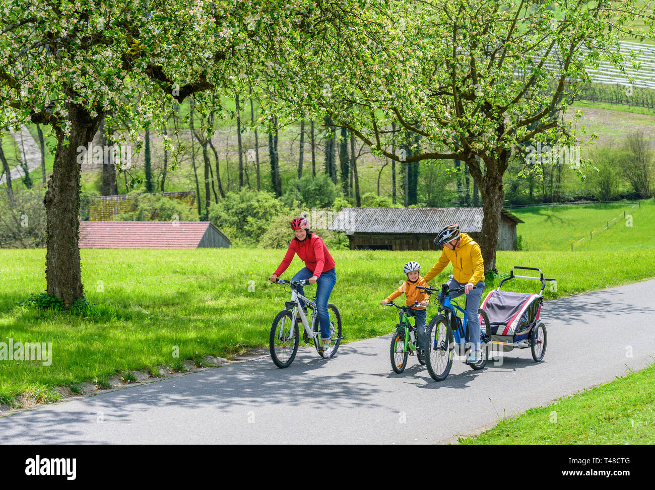Fahrradtour mit Familie zwischen blühenden Bäumen in springtme Stockfoto