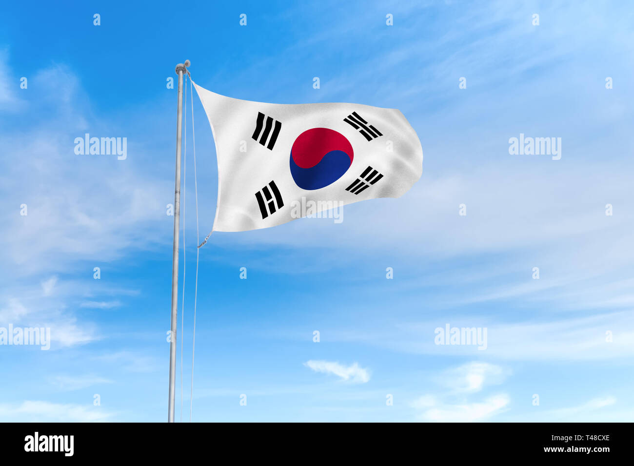 Südkorea Flagge weht im Wind über blauen Himmel Hintergrund Stockfoto