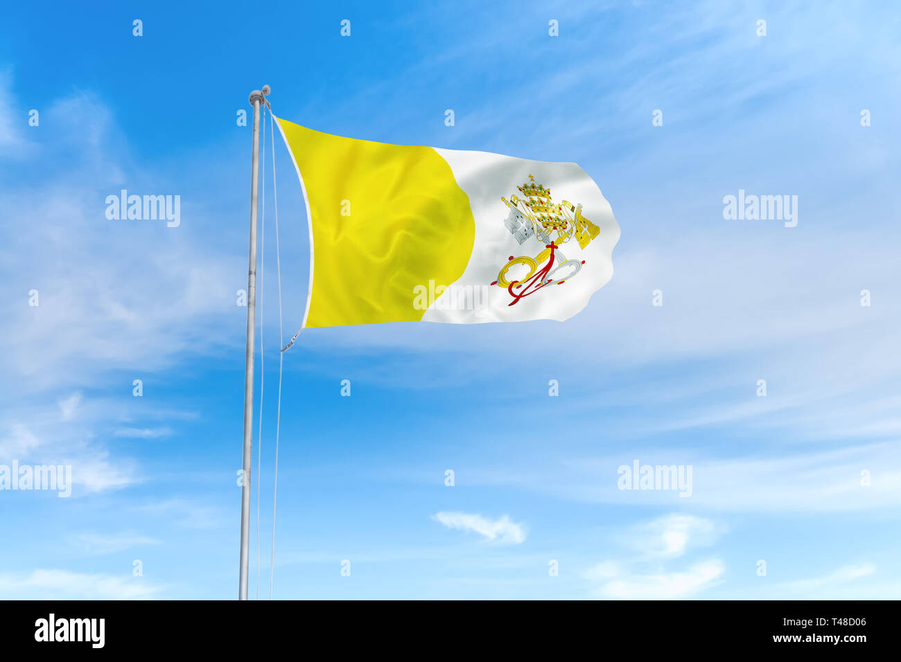Vatikanstadt Flagge weht im Wind über blauen Himmel Hintergrund Stockfoto