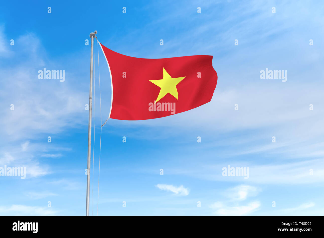 Vietnam Flagge weht im Wind über blauen Himmel Hintergrund Stockfoto