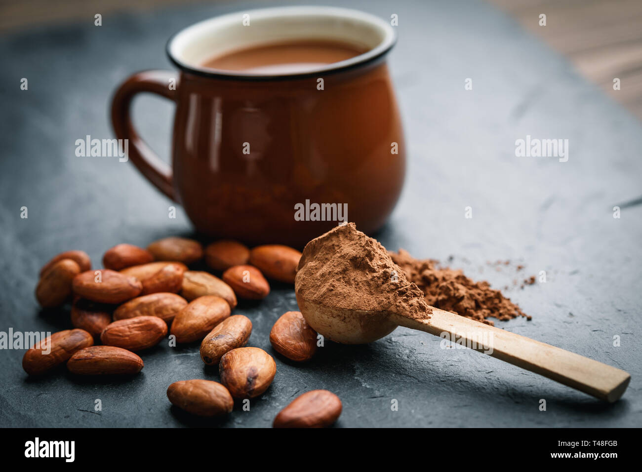 Kleine Löffel aus Holz mit Kakaopulver und Kakaobohnen mit einem braunen Schale auf einem Hintergrund Stockfoto