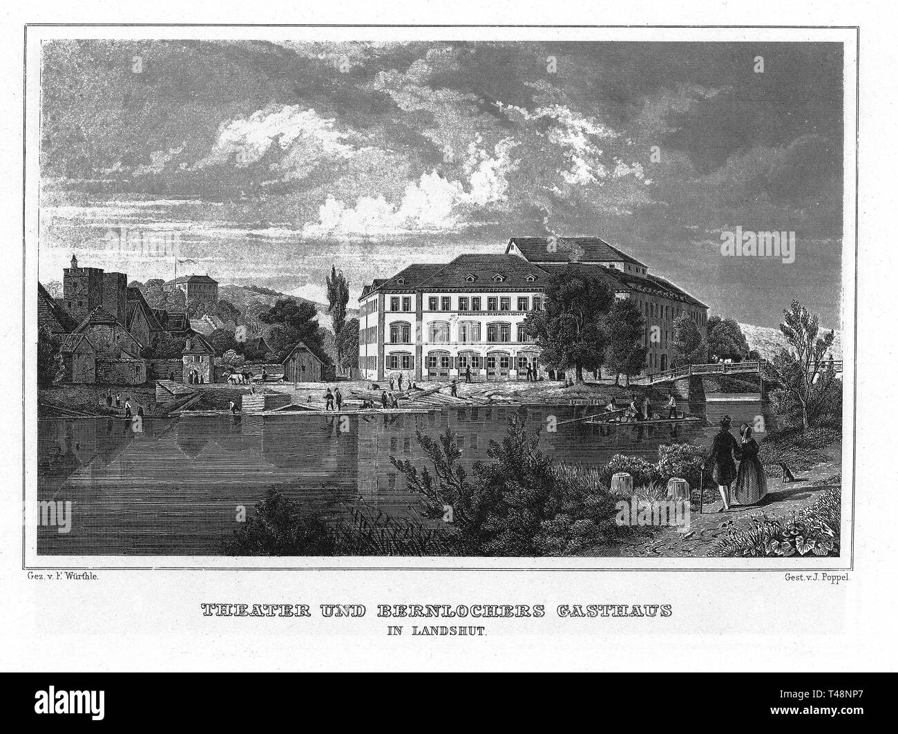 Theater und Bernlochners Gasthaus, Landshut, Zeichnung von F. Wurthle, Kupferstich von J.Poppel, Stahlstich von 1840-1854, Königreich Bayern Stockfoto