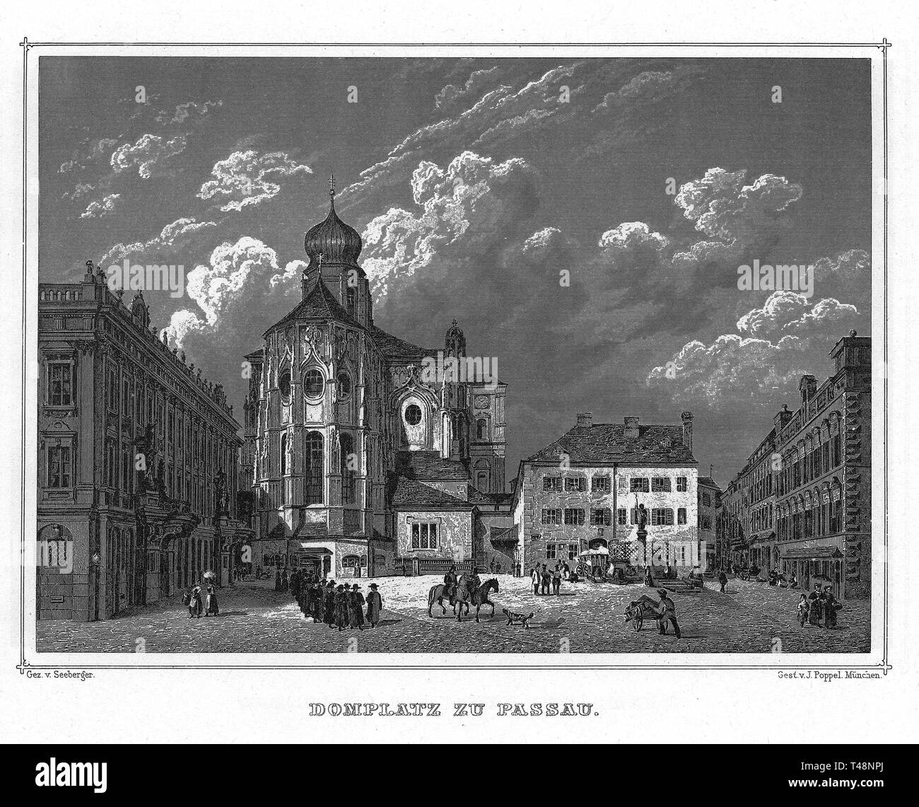 Domplatz, Passau, Zeichnung von Seeberger, Kupferstich von J.Poppel, Stahlstich von 1840-1854, Königreich Bayern, Deutschland Stockfoto