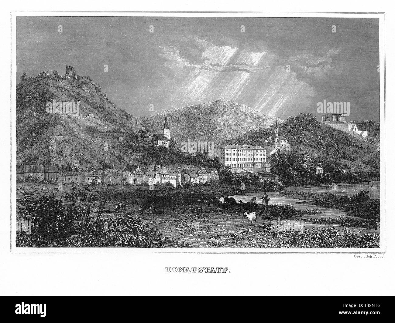 Anzeigen von Donaustauf, Zeichnung von August Brandmayer, Stahlstich von J. Poppel, 1840-1854, Königreich Bayern, Deutschland Stockfoto