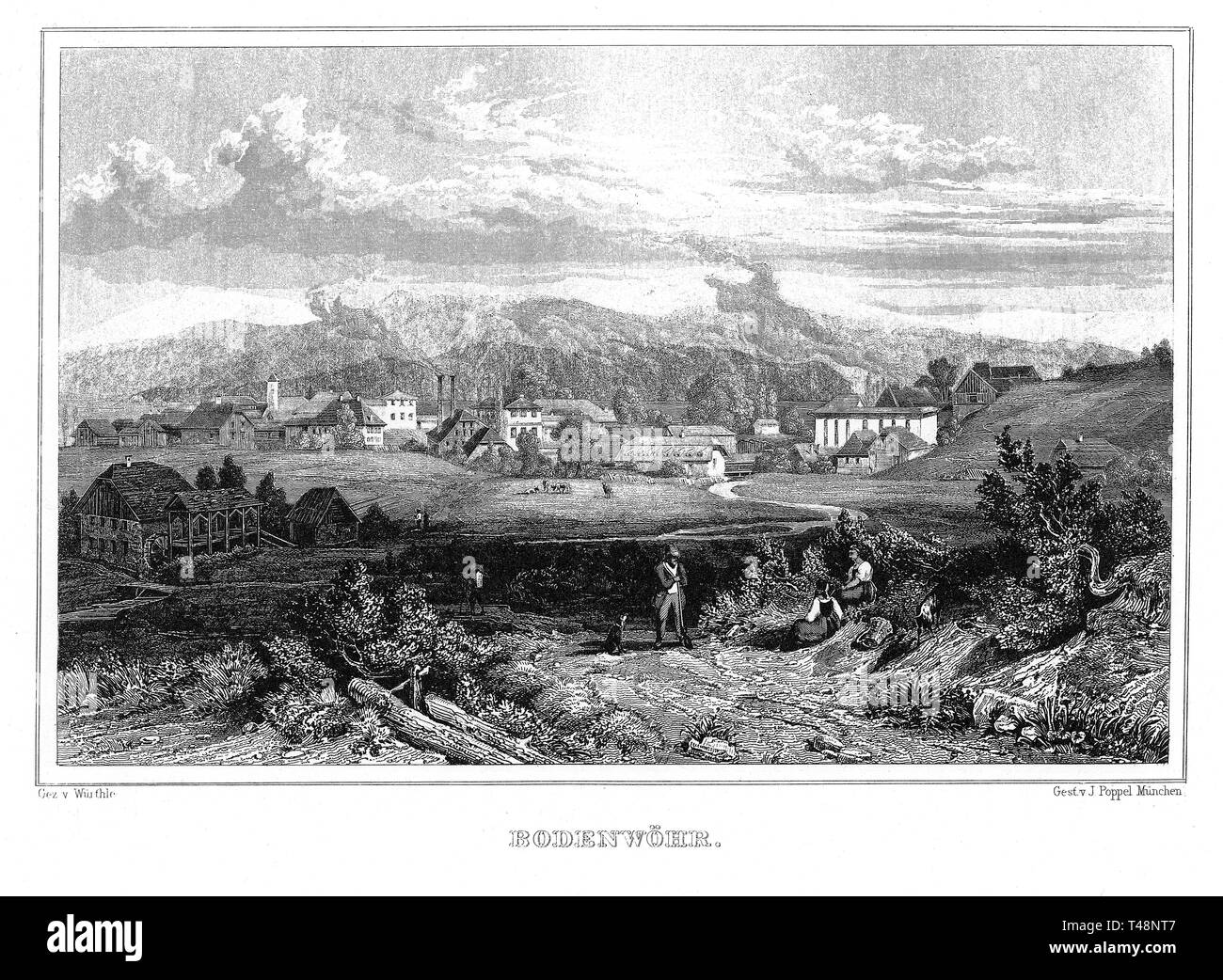 Anzeigen von bodenwöhr, Oberpfalz, Zeichnung von Wirthle, Stahlstich von J. Poppel, 1840-1854, Königreich Bayern, Deutschland Stockfoto