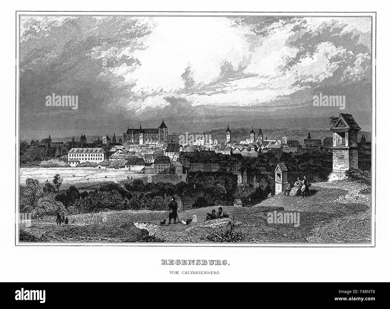 Regensburg vom Calvarienbverg, Stahlstich von 1840-1854, Königreich Bayern, Deutschland Stockfoto