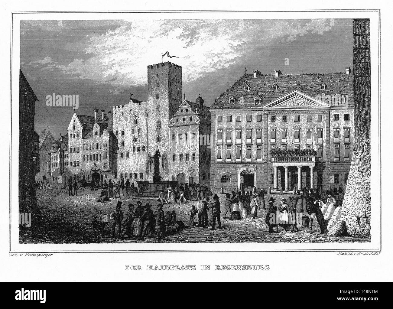 Haidplatz, Regensburg, Zeichnung von Kransperger, Gravur von Emil Hofer, Stahlstich von 1840-54, Königreich Bayern, Deutschland Stockfoto