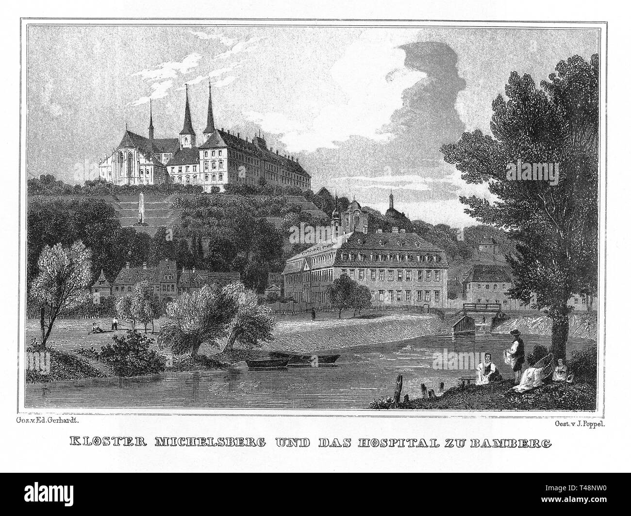 Michaelsberg Kloster und Krankenhaus, Bamberg, Zeichnung von Ed. Gerhardt, Stahlstich von J. Poppel, 1840-54, Königreich Bayern, Deutschland Stockfoto