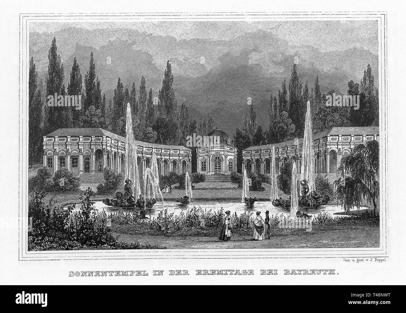 Tempel der Sonne, Hermitage, Bayreuth, Zeichnung und Stahlstich von J. Poppel, 1840-54, Königreich Bayern, Deutschland Stockfoto