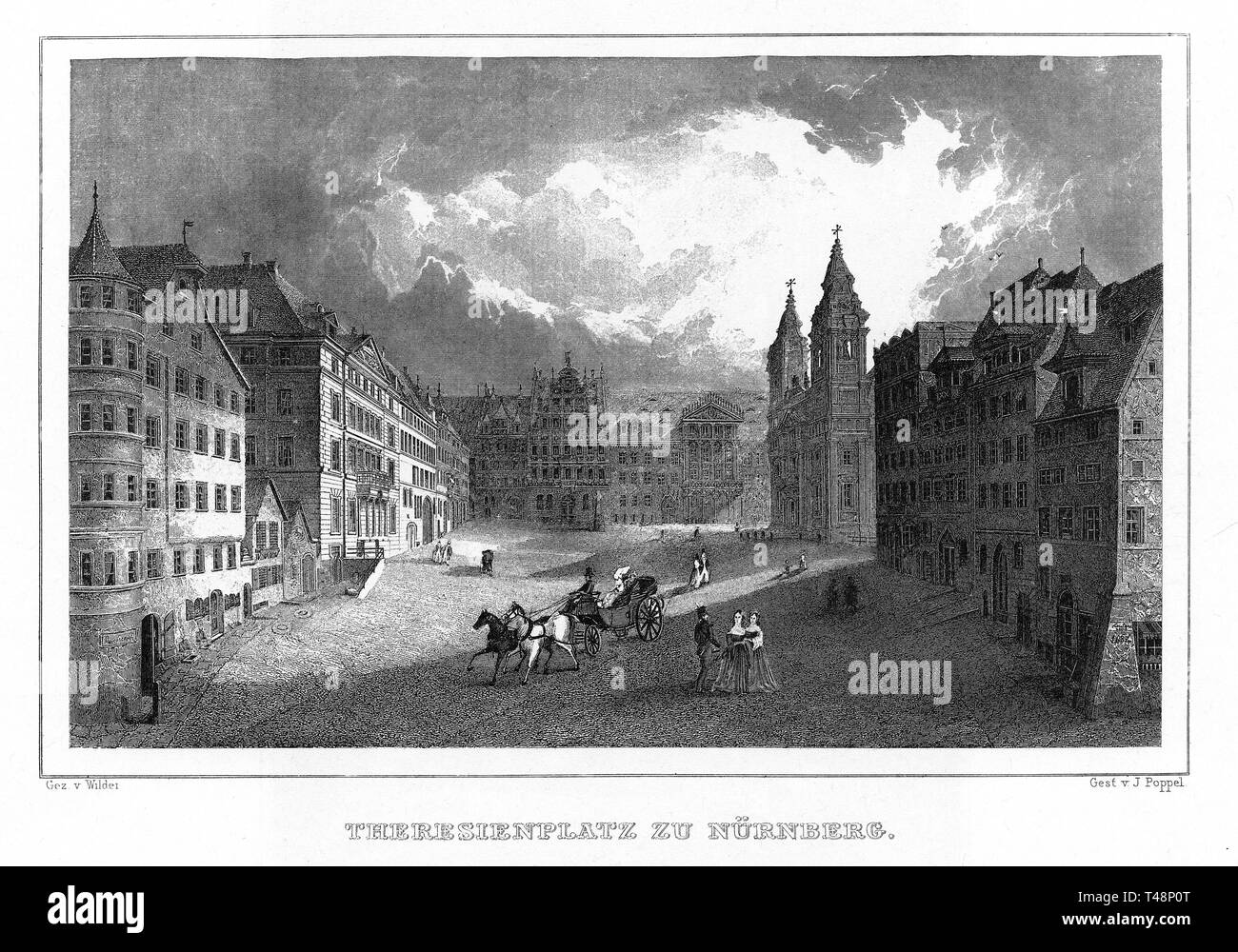 Theresienplatz, Nürnberg, Zeichnung von Wilder, Stahlstich von J. Poppel, 1840-54, Königreich Bayern, Deutschland Stockfoto