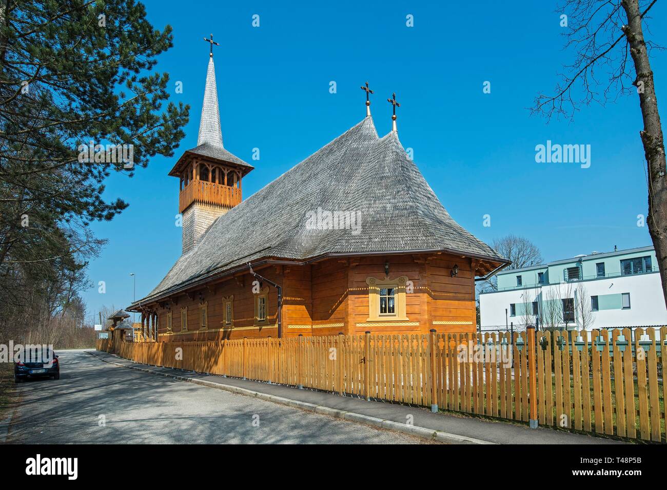 Die hölzerne Kirche, Rumänisch-orthodoxen Gemeinde, Parohia Buna Vestire, München, Oberbayern, Bayern, Deutschland Stockfoto