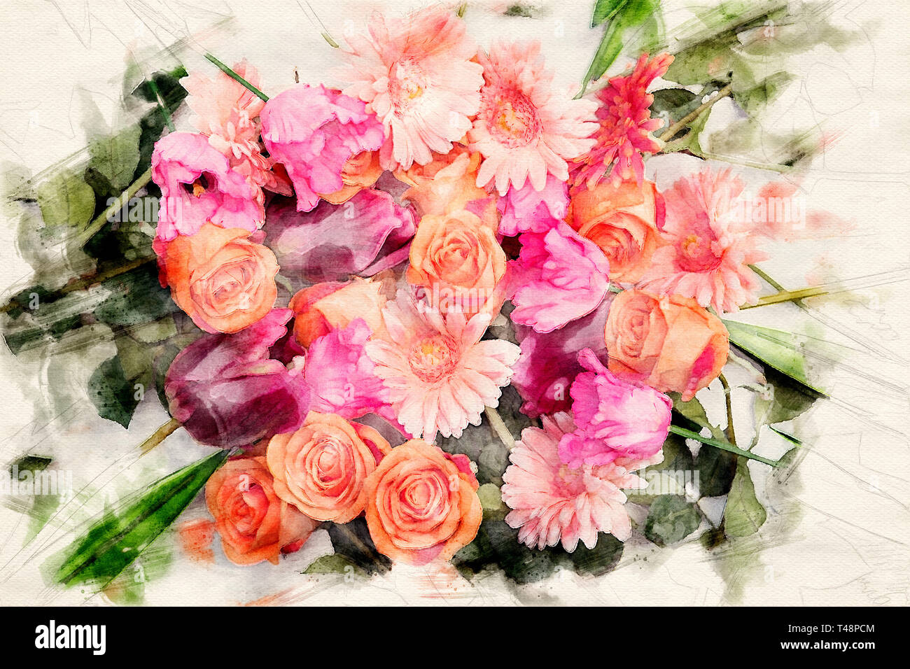 Schöne Mischung Blumen mit Tulpen, Rosen und Gerbera in Aquarell Stockfoto
