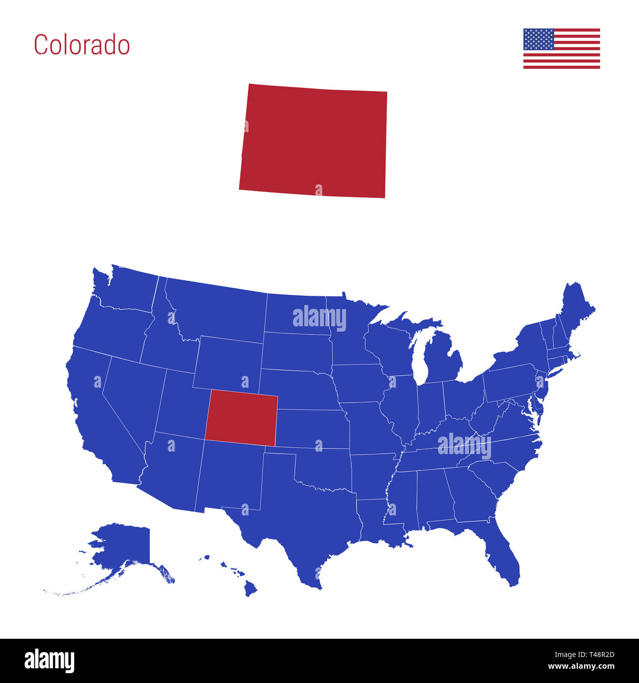 Der Staat Colorado ist rot markiert. Blaue Karte der Usa, eingeteilt in verschiedene Staaten 