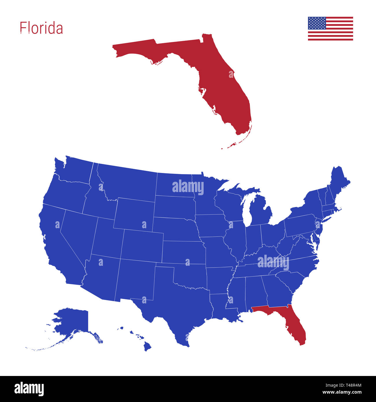 Der Zustand von Florida ist rot markiert. Blaue Karte der Usa, eingeteilt in verschiedene Staaten. Karte der USA in einzelnen Staaten. Stockfoto