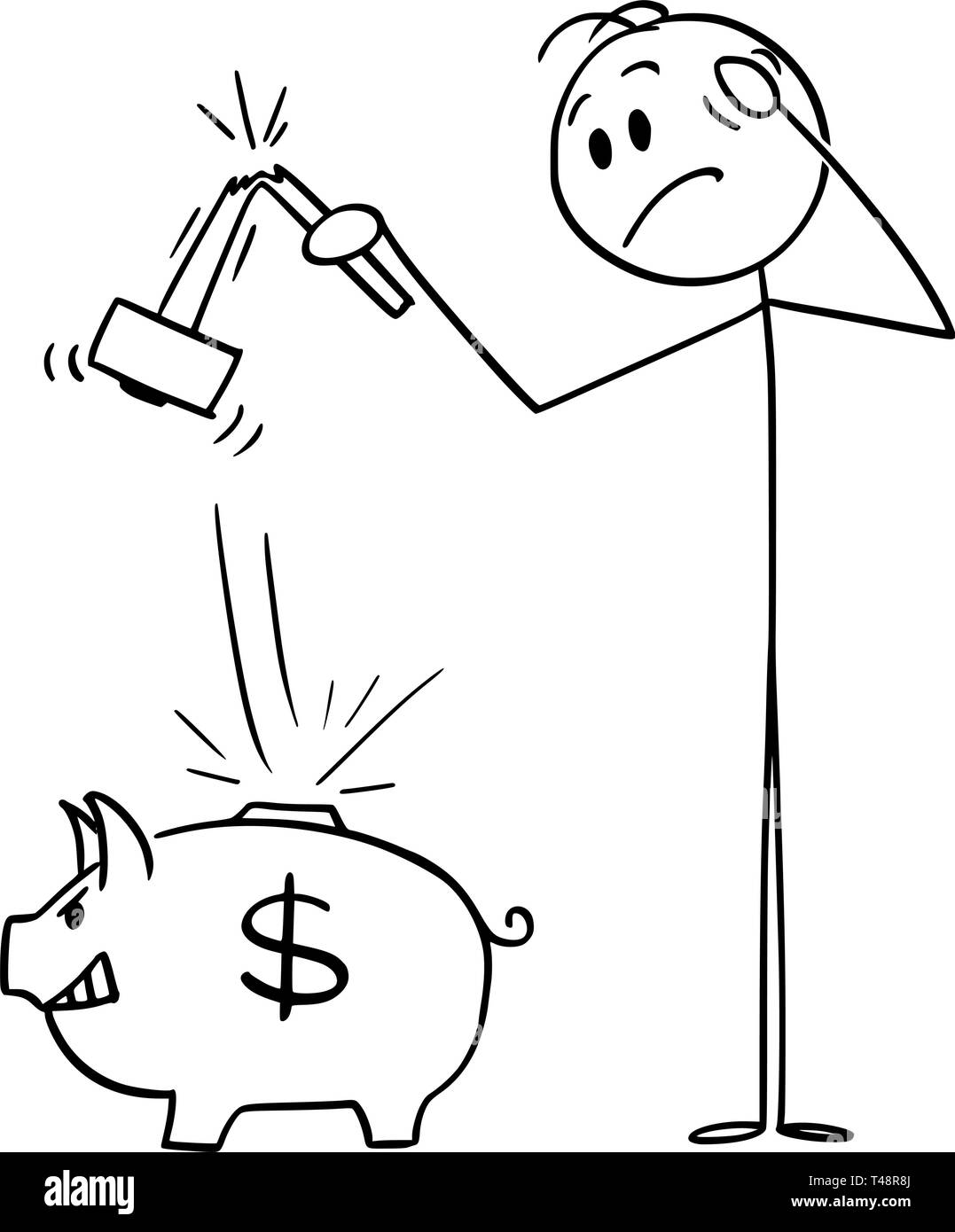 Cartoon Strichmännchen Zeichnen konzeptionelle Darstellung der Mann mit gebrochenen Hammer, der versuchte, Sparschwein zu brechen und sein Geld oder Einsparungen erhalten. Das Konzept der Banken. Stock Vektor