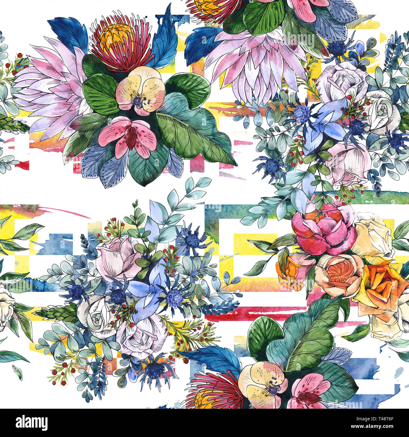 Wildblumen bouquet Blumig botanischen Blumen. Aquarell Hintergrund Abbildung. Nahtlose Muster. Stockfoto