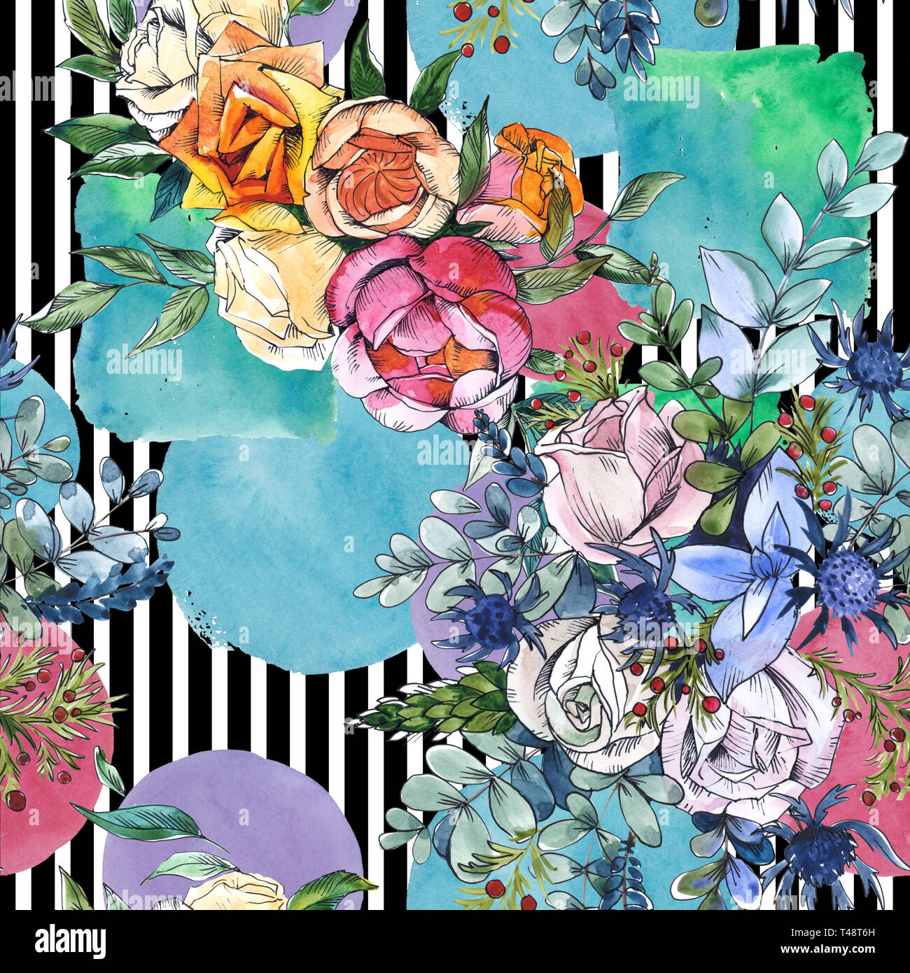 Wildblumen bouquet Blumig botanischen Blumen. Aquarell Hintergrund Abbildung. Nahtlose Muster. Stockfoto