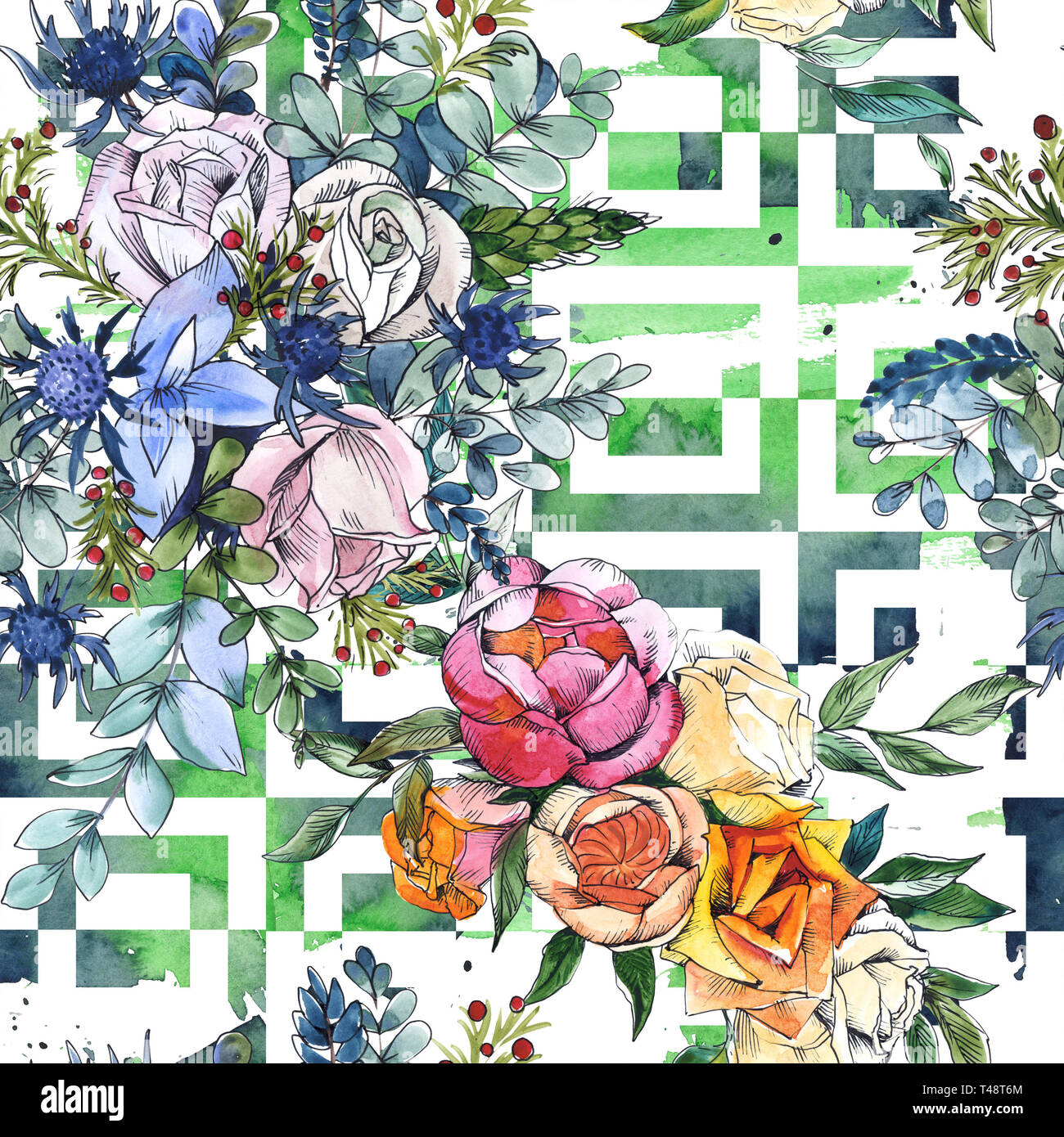 Wildblumen bouquet Blumig botanischen Blumen. Aquarell Hintergrund Abbildung. Nahtlose Muster. Stockfoto