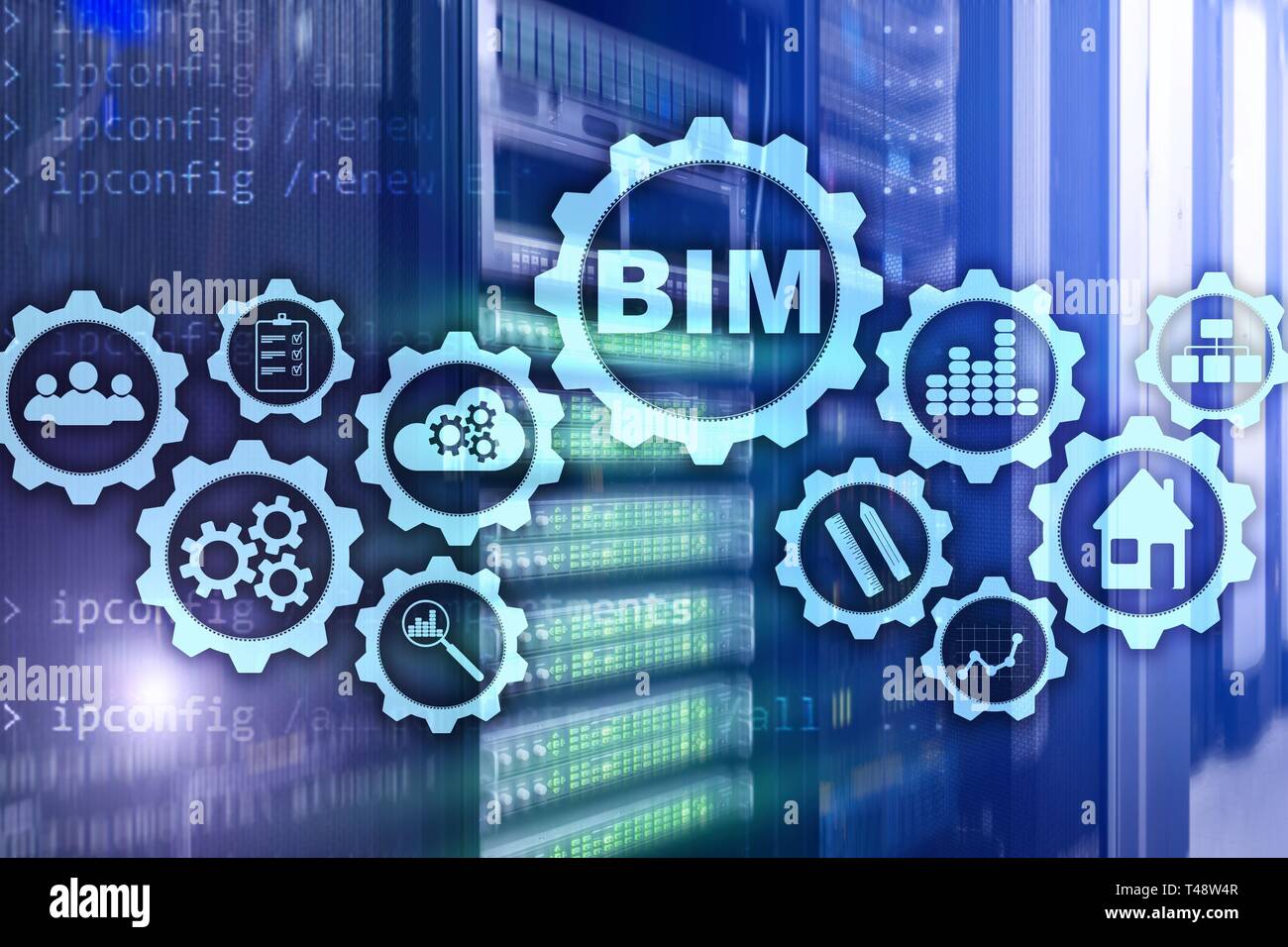 Building Information Modeling. BIM auf dem virtuellen Bildschirm mit einem Server Rechenzentrum Hintergrund. Stockfoto