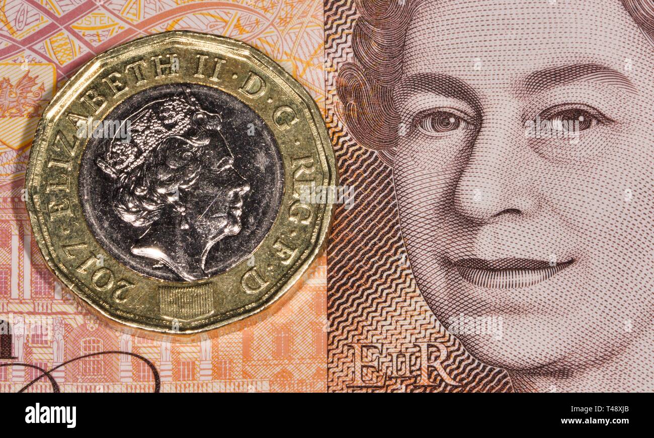 Einpfundstück auf dem neuen 10 £ Pfund polymer Banknote Stockfoto