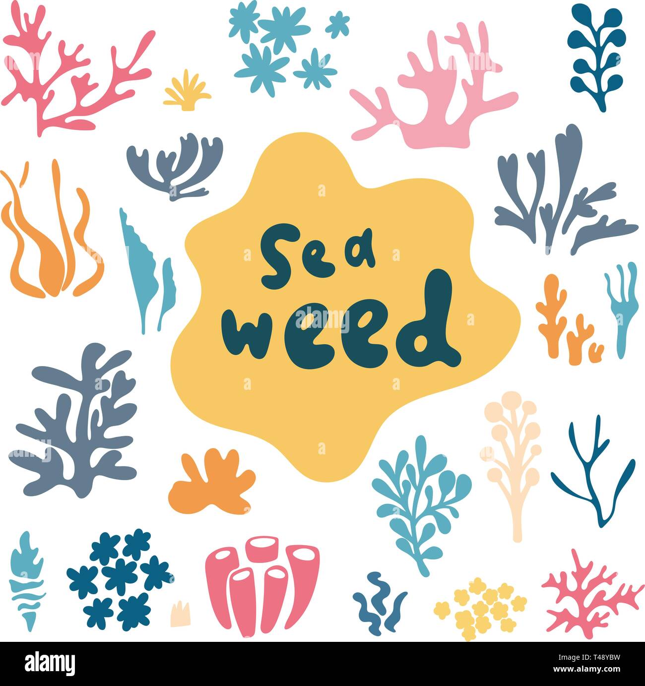 Meer Pflanzen und Aquarium Algen Vektor einrichten. Natur Seegras doodle silhouette Abbildung Stock Vektor