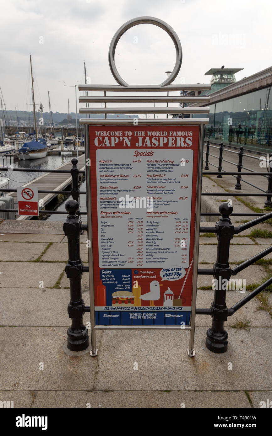 Menü für Cap'n Jaspers, Plymouth, Großbritannien Stockfoto