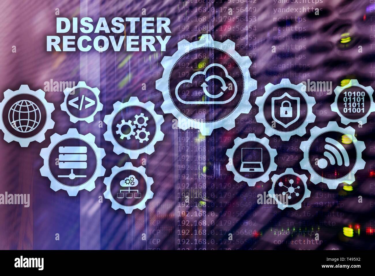Big Data Disaster Recovery Konzept. Backup Plan. Verhinderung von Datenverlust auf einem virtuellen Bildschirm. Stockfoto