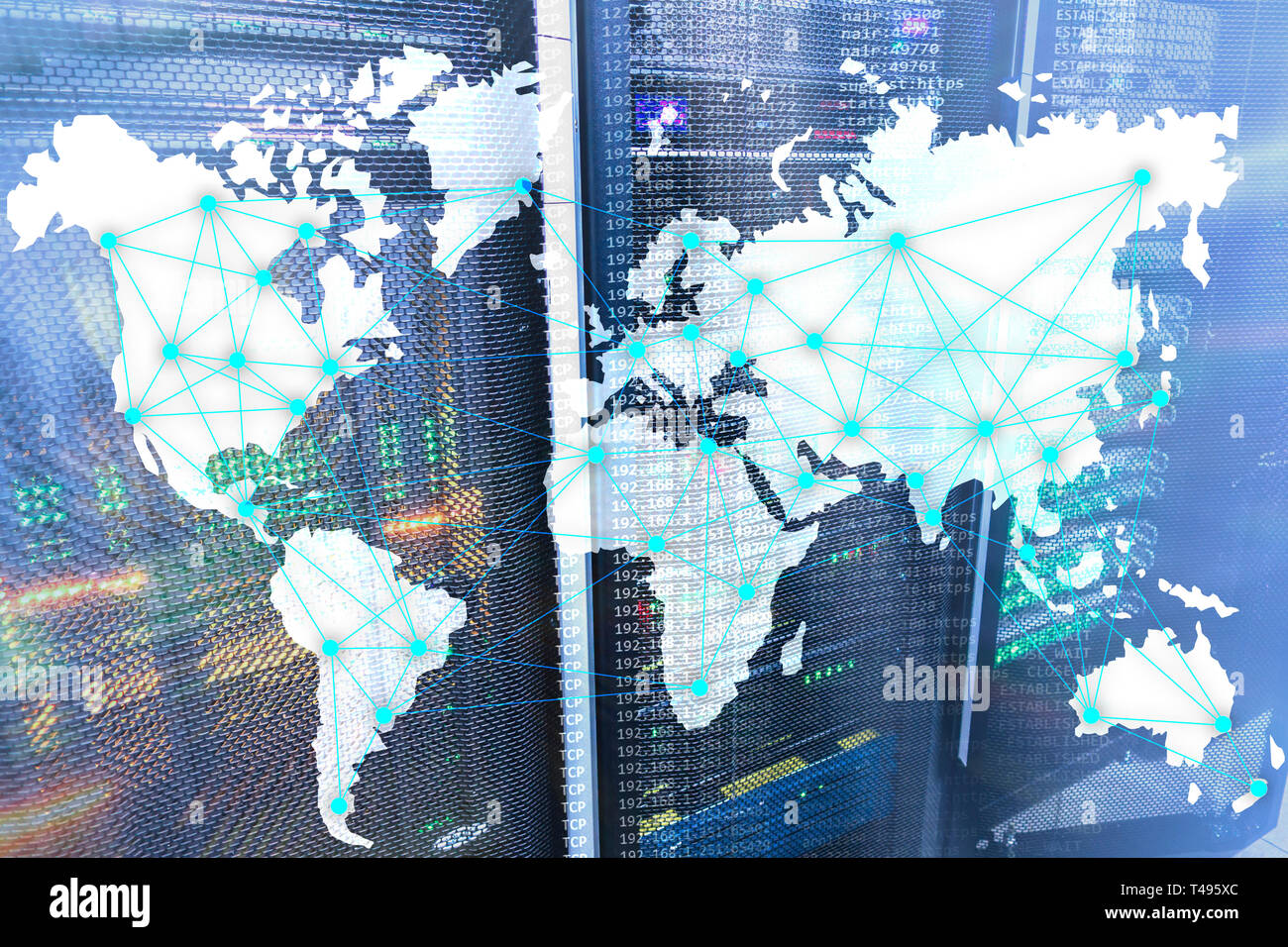 Internet und Telekommunikation Konzept mit Weltkarte auf serverraum Hintergrund. Stockfoto