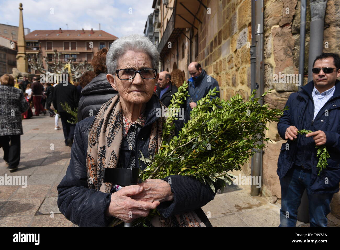 Ein treuer gesehen Holding olive Twigs während der Prozession von 'Domingo de Ramos (Palmsonntag) in Soria, im Norden von Spanien. Palm Sonntag erinnert an die triumphale Eintrag von Jesus in Jerusalem vor seiner Kreuzigung. Es ist von Christen auf der ganzen Welt gefeiert. Stockfoto