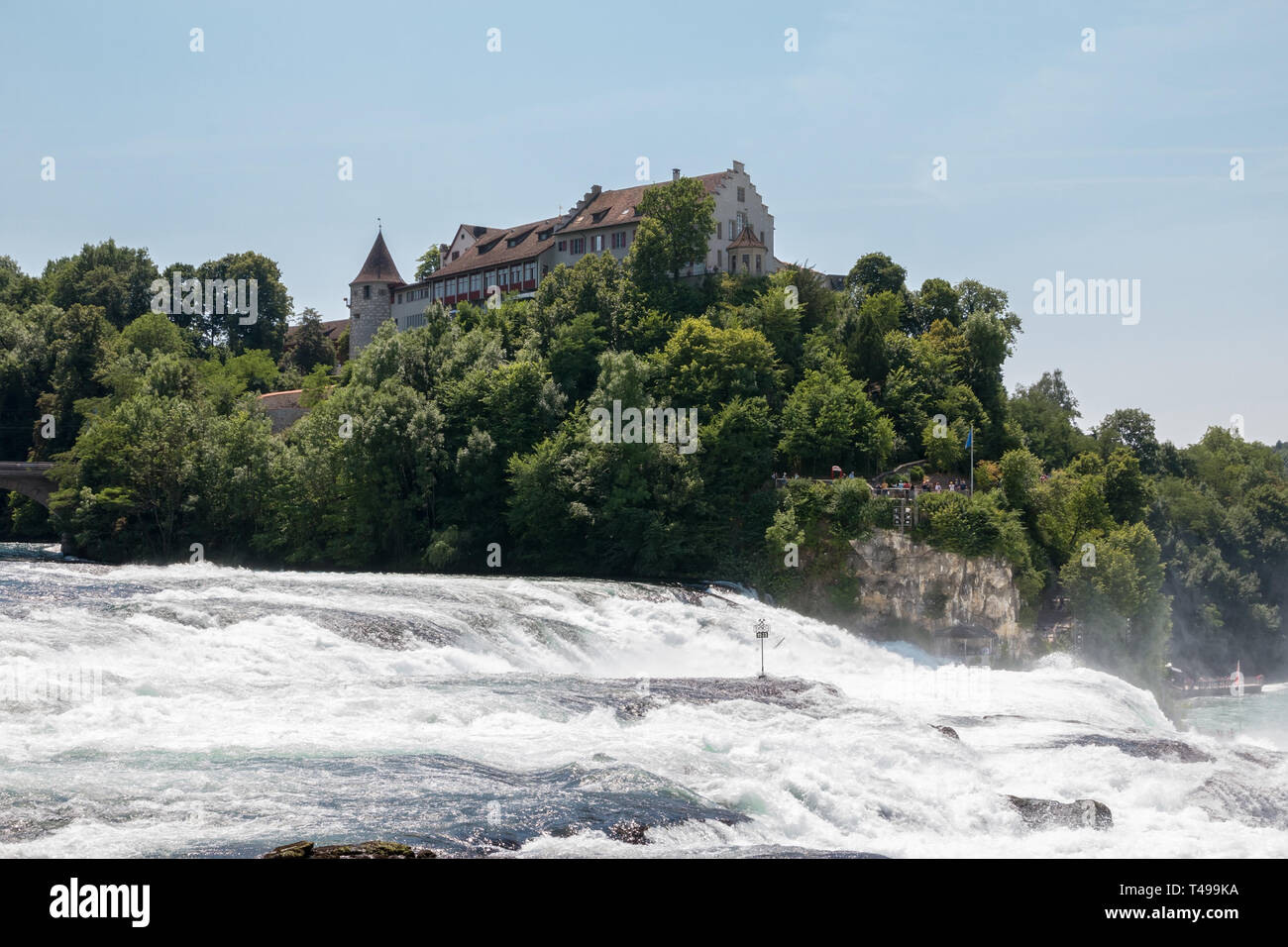 Der Rheinfall, der größte Wasserfall Europas in Schaffhausen, Schweiz. Sommer Landschaft, Sonnenschein Wetter, blauer Himmel und sonnigen Tag Stockfoto